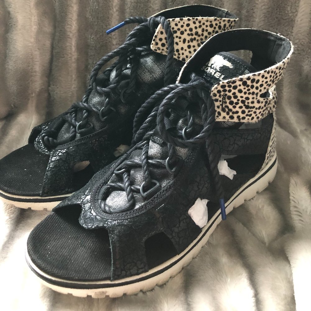 Sorel Lace up Black and calf hair sandal